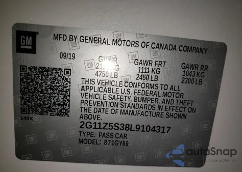 2020 Chevrolet Impala Lt из США, поврежденный, VIN 104317